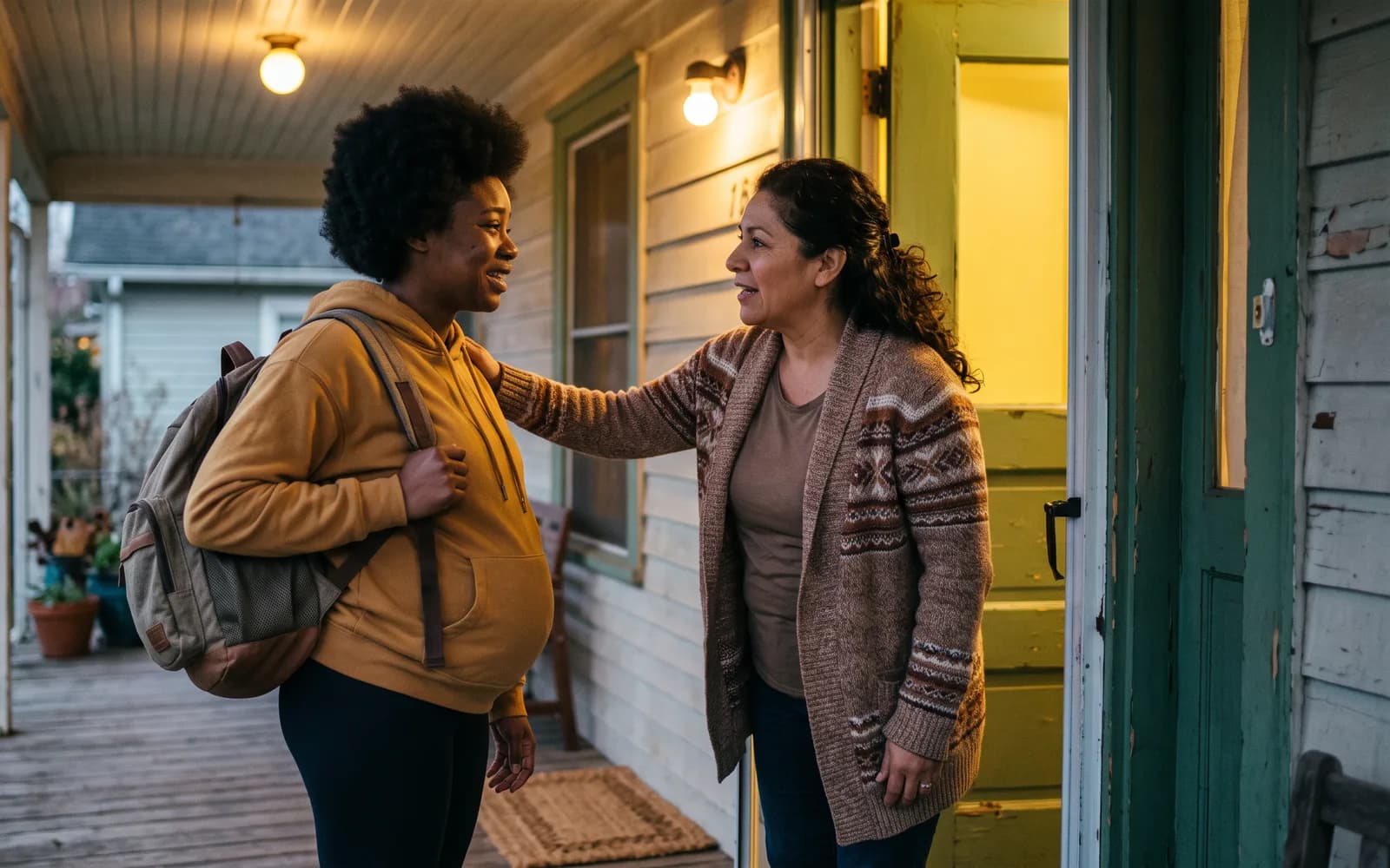 A pregnant woman with a backpack being welcomed at the front door of a maternity home in the evening