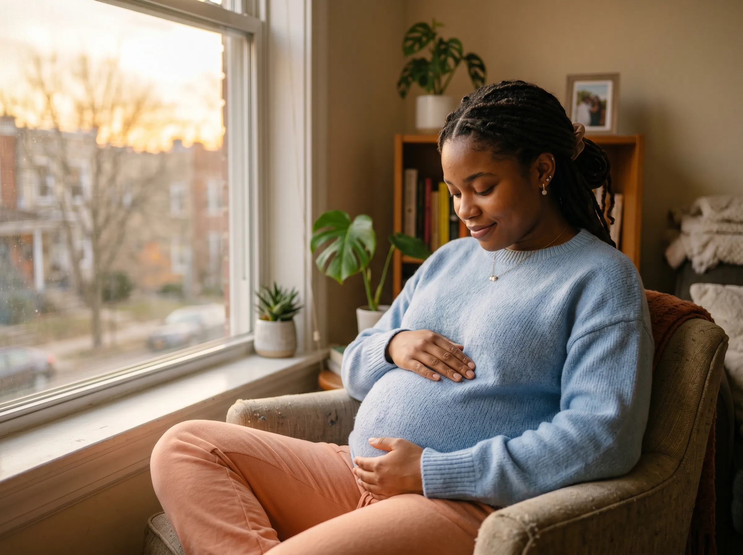 Expectant mother with hand on her stomach in a peaceful, sunlit setting